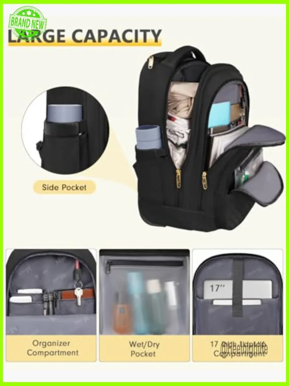 Waterproof Rolling Laptop Backpack with USB Port, 17.3 Inch Travel Daypack - Picture 6 of 7